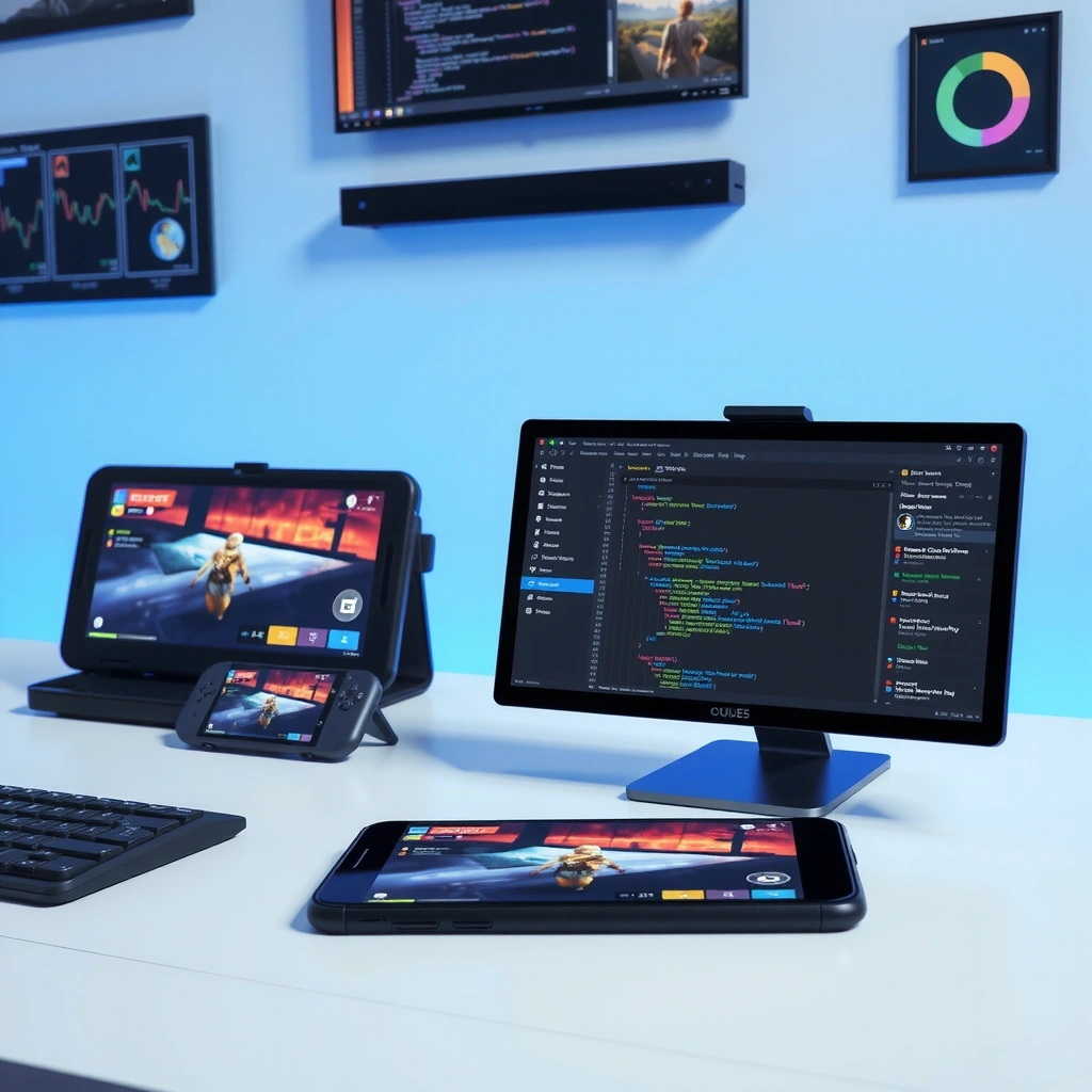 Mobile game development process showing code and interfaces